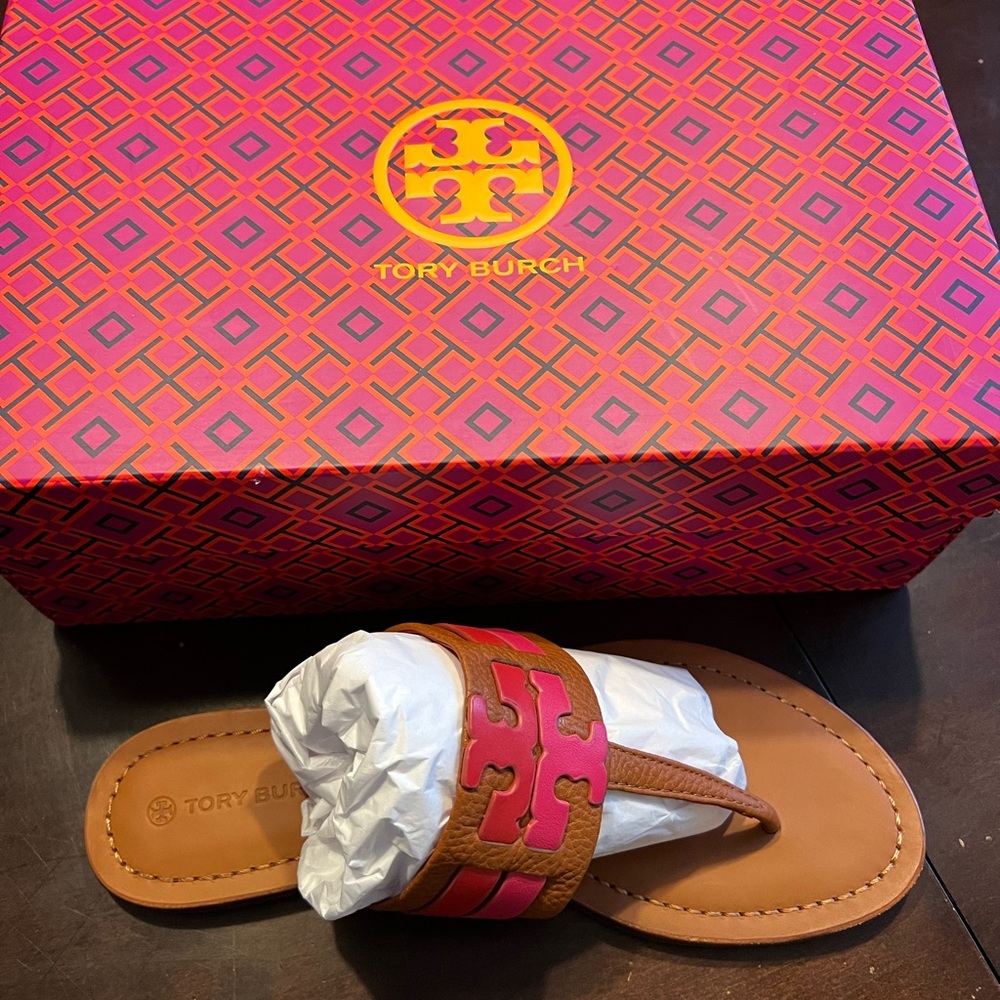 BRAND NEW TORY BURCH LEIGH BROWN/PINK Size 8.5 SANDALS